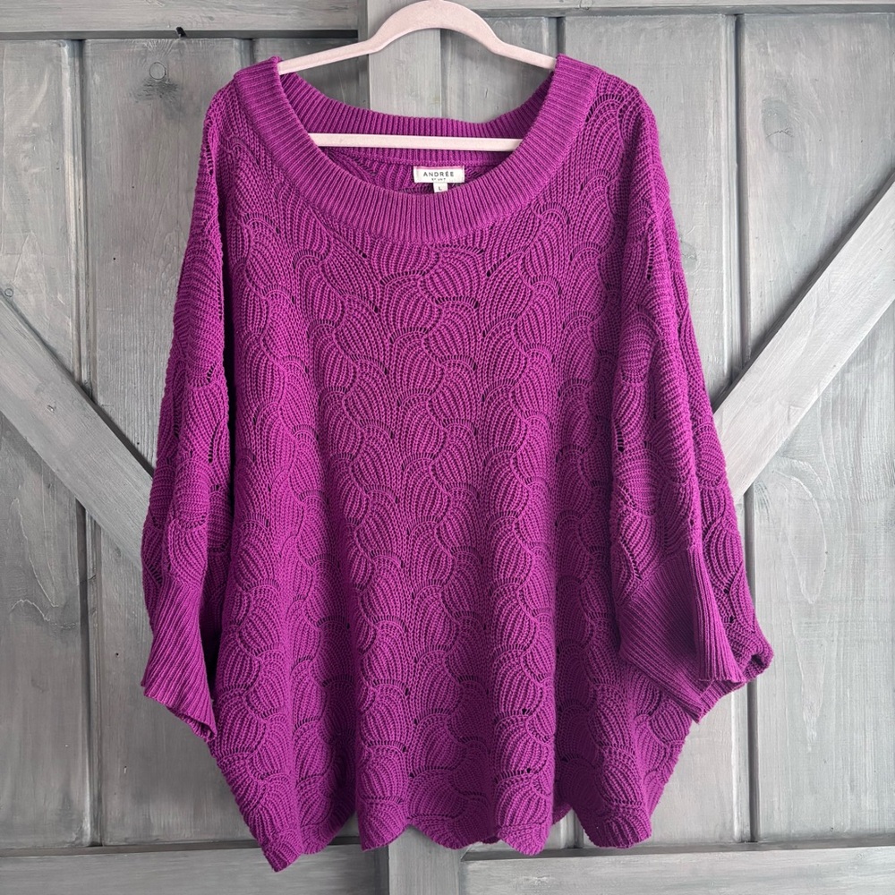 Andrée Oversized Scallop Knit Sweater L Purple Textured Dolman Sleeve Cozy‎ Top - Picture 2 of 8